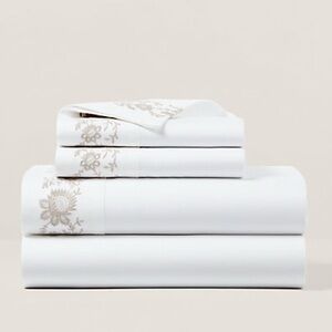 Ralph Lauren Organic Cotton Eloise Embroidery Queen Flat Sheet, Platinum, NEW